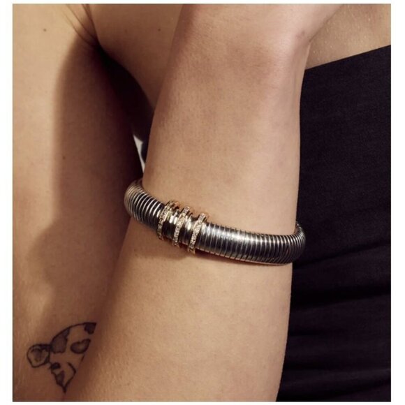 Pave Trio Snake Chain Two Tone Silver & Gold Band Bracelet - Picture 1 of 7